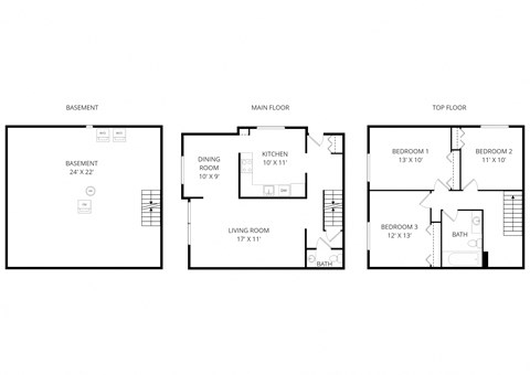 Floor plan for 3 beds, 2 baths, 1000 sqft